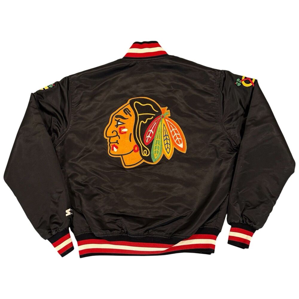 Vintage 90s Starter Chicago Blackhawks Center Ice Satin Bomber Jacket Large USA